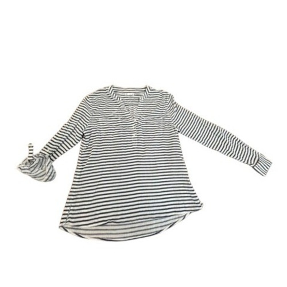 Carve Designs Women Navy Blue White Striped Roll Tab Sleeve Henley Top S Organic